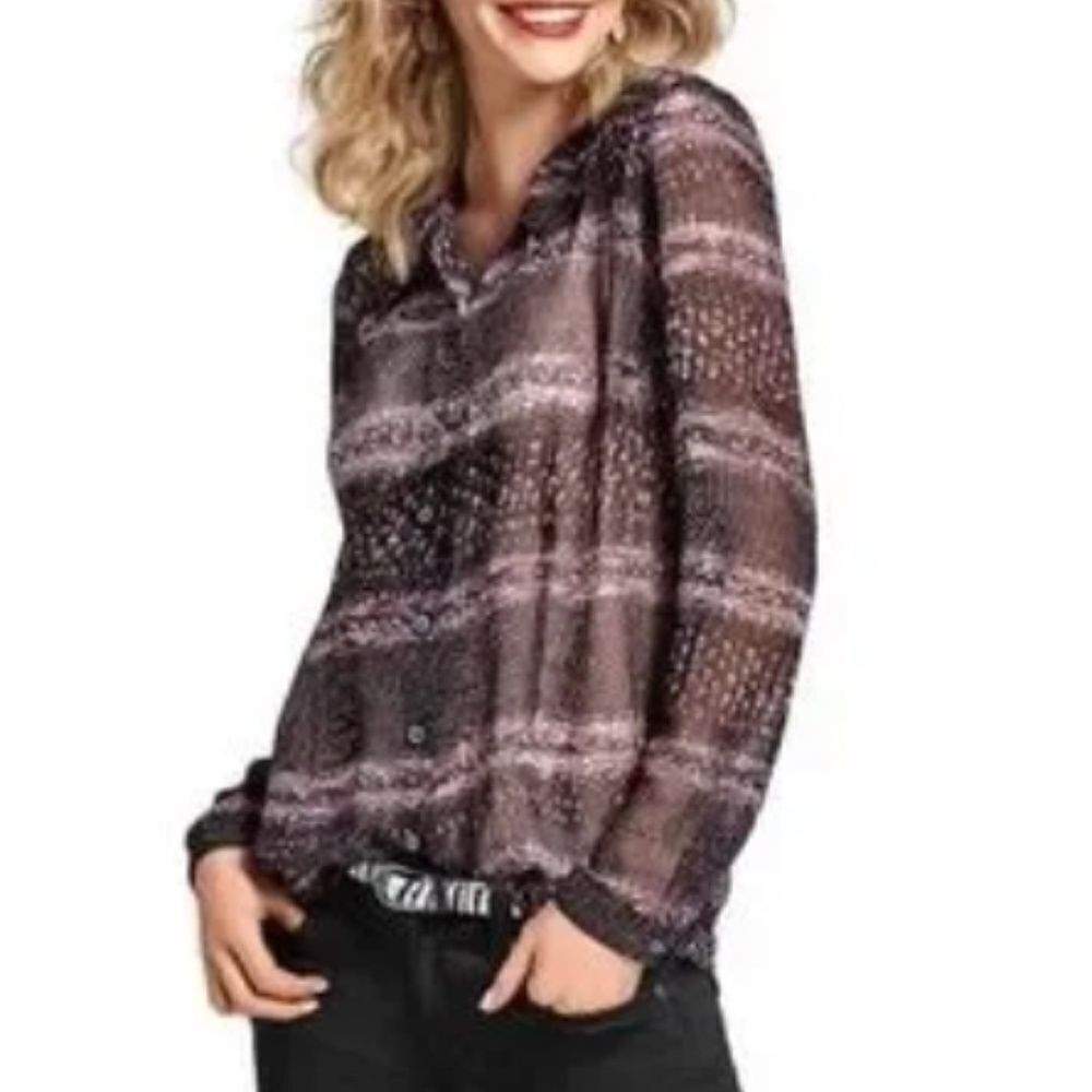 Cabi Paris Calligraphy Brush Sheer Print Long Sleeve Button Up Top 3249 Large